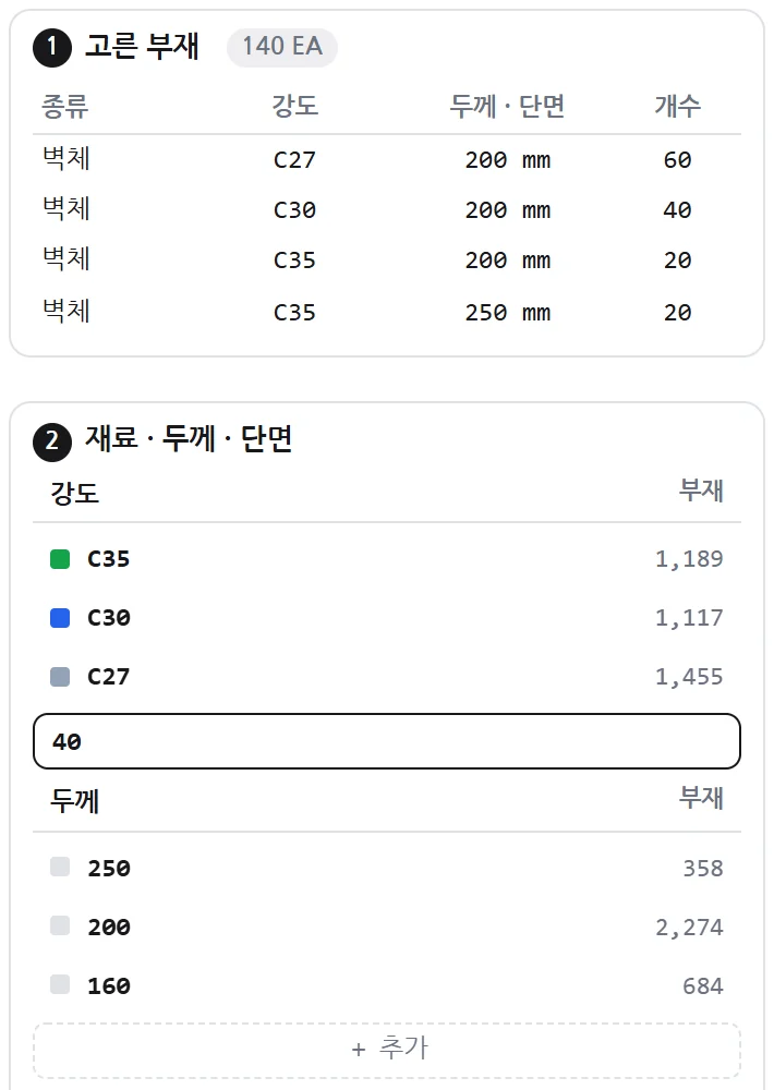 재료 · 두께 · 단면 칸