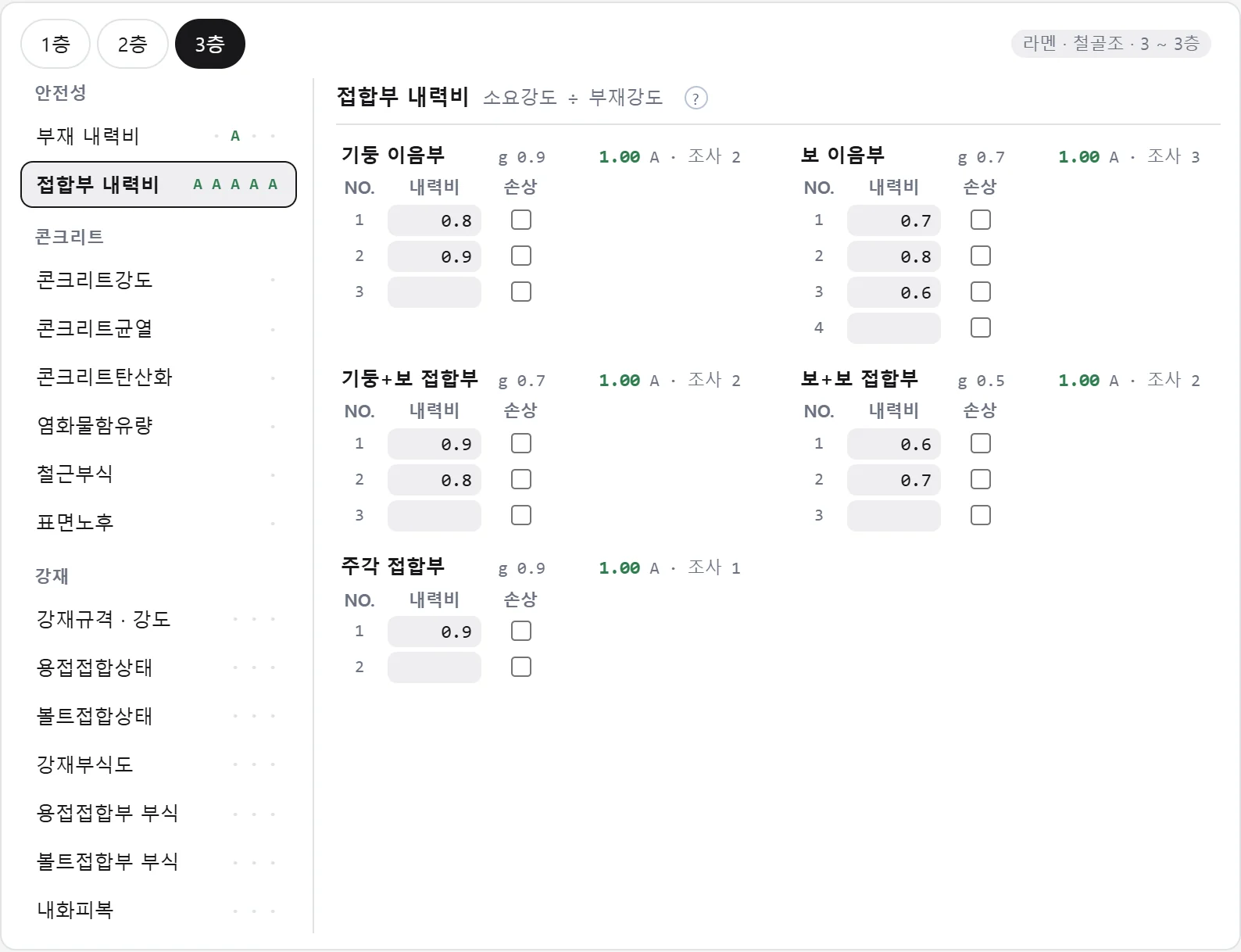 철골조 표본층의 접합부 내력비 입력판