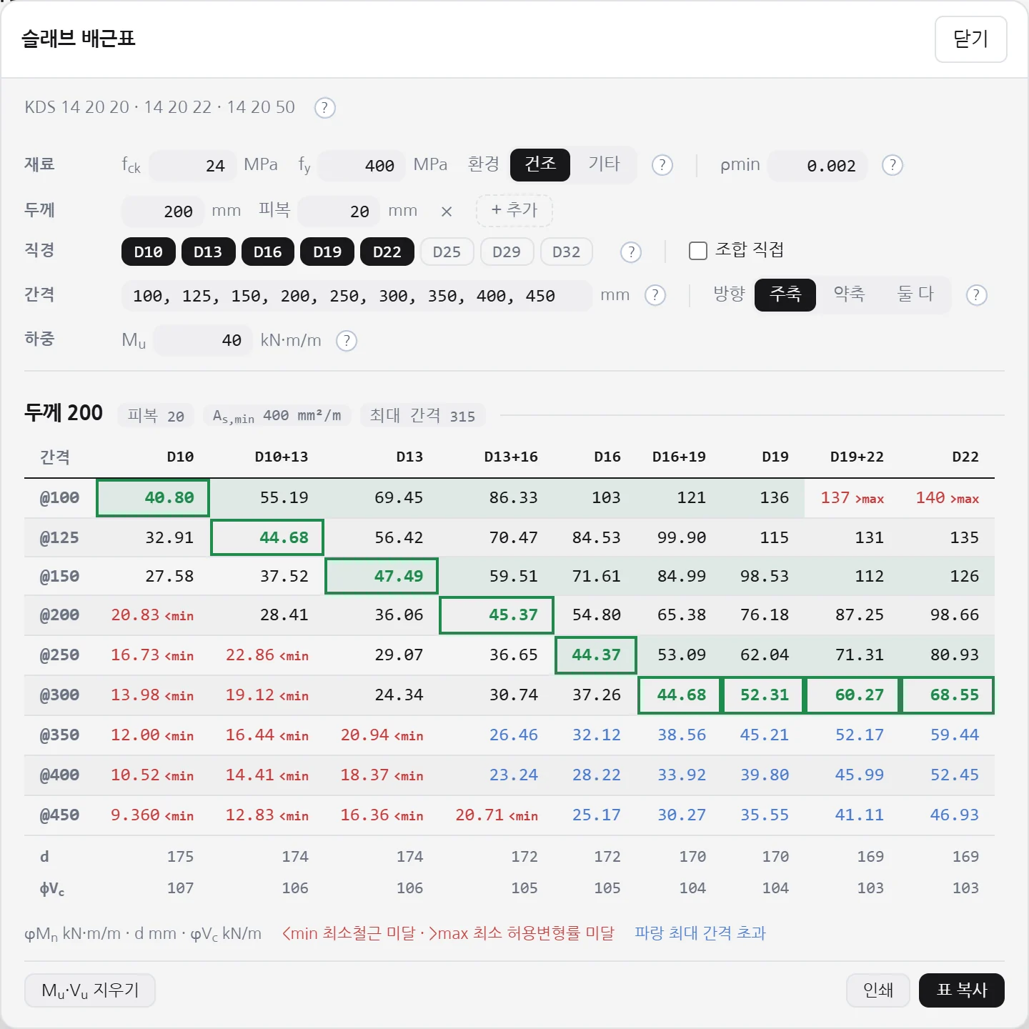 슬래브 배근표 창